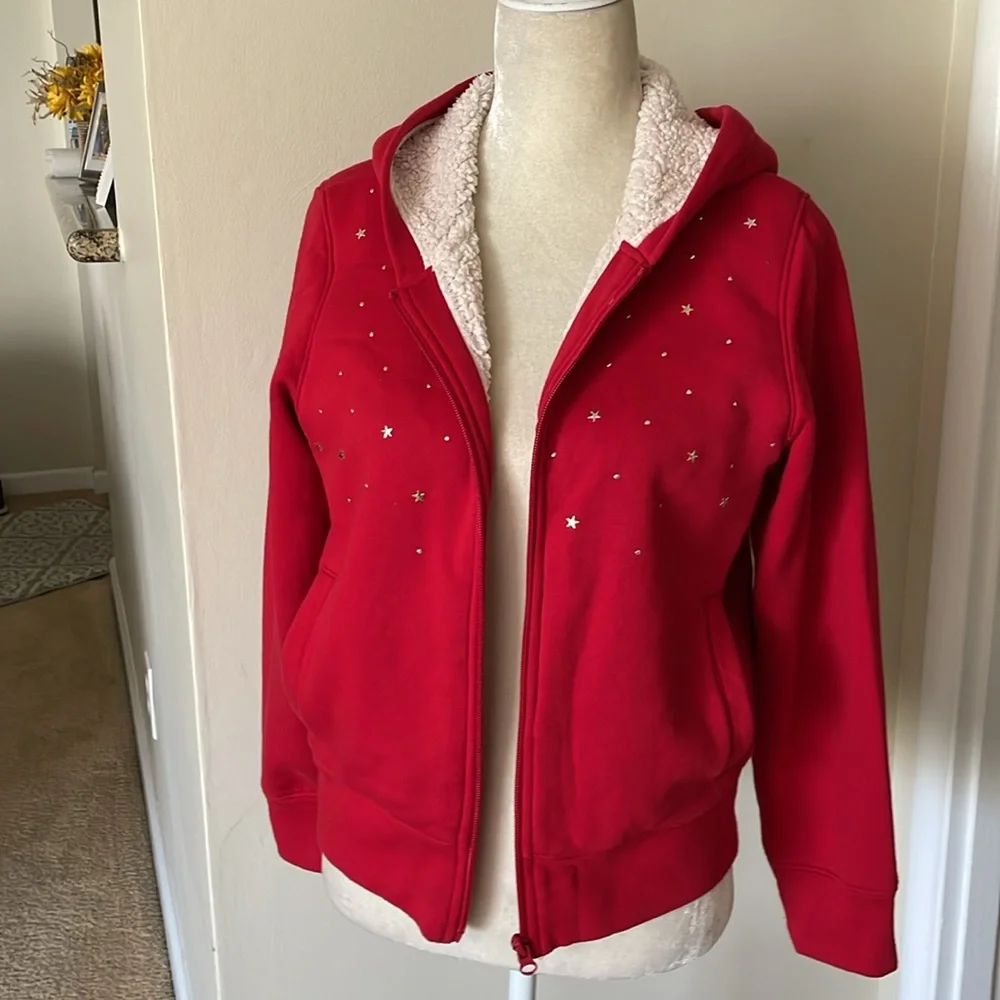 OLD NAVY Girls Jacket, Red with Star Accents and Sherpa Lining.     Size 18